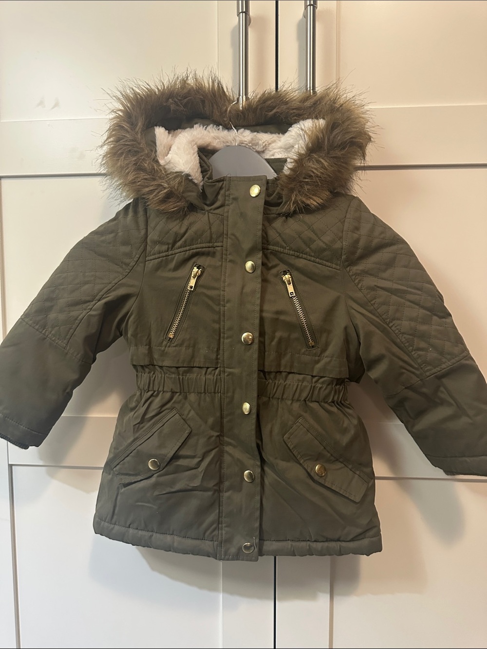 George Olive Green Faux-Fur Hooded Puffer Coat